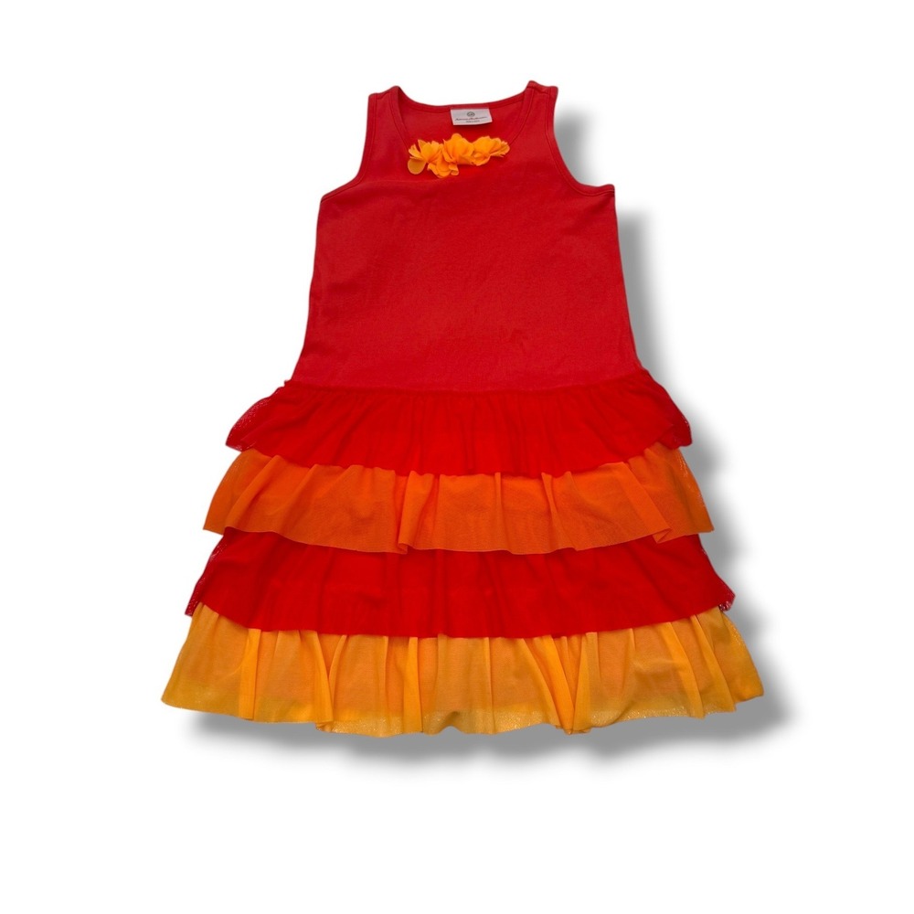 Hanna Andersson Fizzy Tiered Tulle Sundress Girls Sz 120 6-7 Bright Coral Bloom